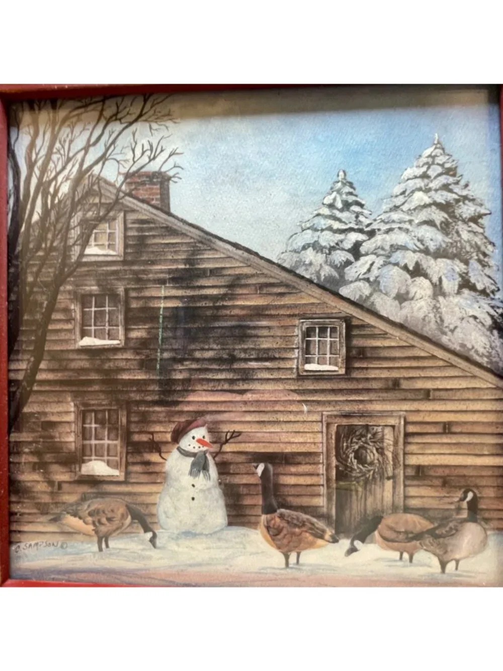Framed Winter Scene Print by C. Sampson Featuring Snowman & Geese with Rustic Ba